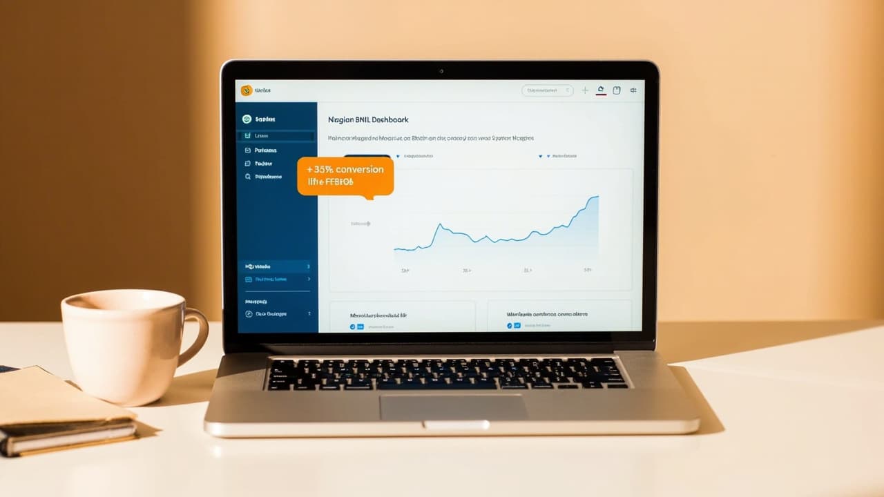 Merchant dashboard showing a +34% conversion lift in the first month